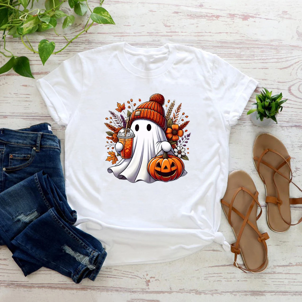 Halloween Cute Ghost T-shirt Halloween Pumpkin Spice Tee Damskie koszulki z grafiką Spooky Season T-shirty Trick or Treat Tees