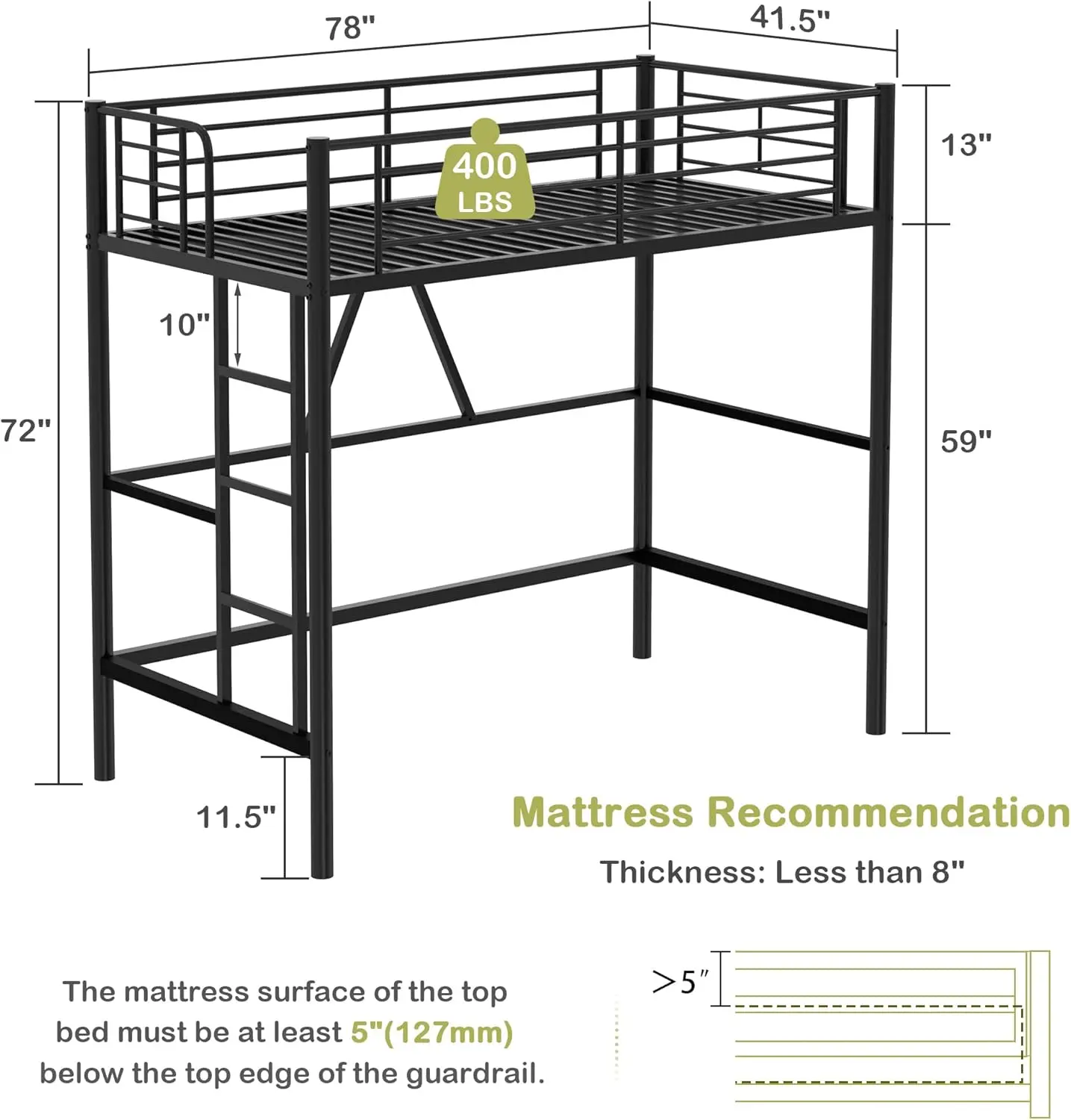 Loft Bed Twin Size, Heavy Duty Bedframe with Removable Ladder and Safety Guardrail, Space-Saving, Noise Free, No Box Spring Need