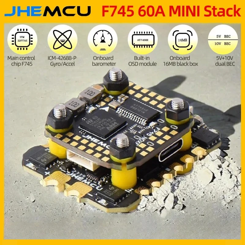 JHEMCU F745 MINI Flight Controller Stack 60A 4in1 ESC 3-6S LiPo F745 NOXE FC ICM-42688-P Gyroscope for RC FPV Drone Quadcopter