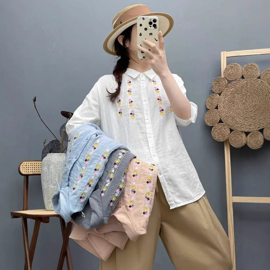 

Women's cotton shirt ethnic design cotton gray pink white blue embroidered blouses for women tops Japanese vintage clothing