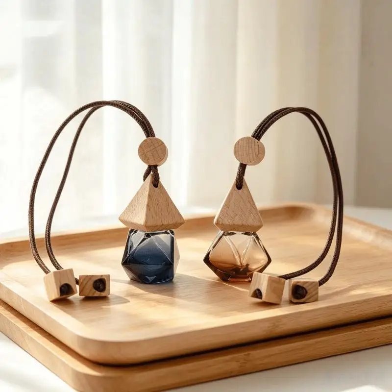 ۞ 1Pcs 8ml Triangle Cover Brown Rope Gradient Rhombus Glass Bottle Empty Car Essential Oil Diffuser Fragrance Perfume Bottle