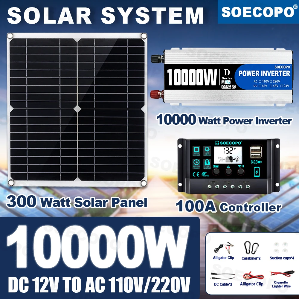 

Portable Solar System Complete Kit 10000W Peak Inverter 300W Solar Panel 100A Controller 12V To 220V 110V for Home Generator