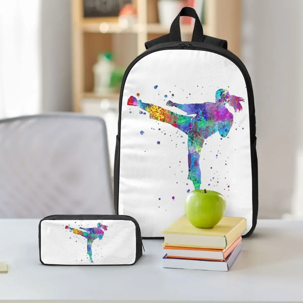 Karate Fighter Girl Backpack Student BookBag School Bag Shoulder Bags 3ps Insulated Lunch Bag Pencil Case