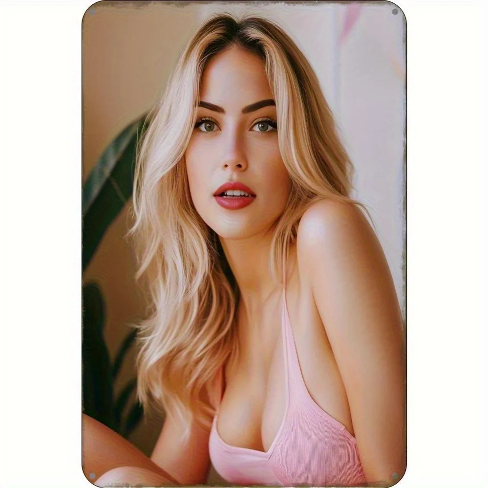 

2D Modern Metal Wall Art: Elegant Female Portrait in Blonde & Pink Lips, Soft Pastel Tones. Easy Hang with Adhesive Strips. Perf