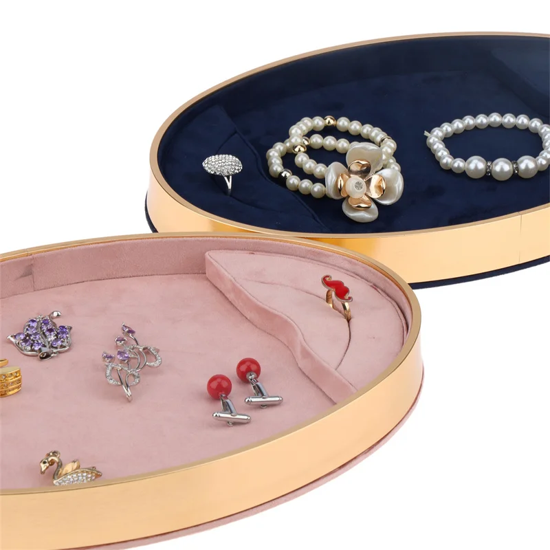 Ring Pendant Necklace Storage Holder oval Metal Frame Jewelry Display Tray with velvet inside jewelry shop counter organizer