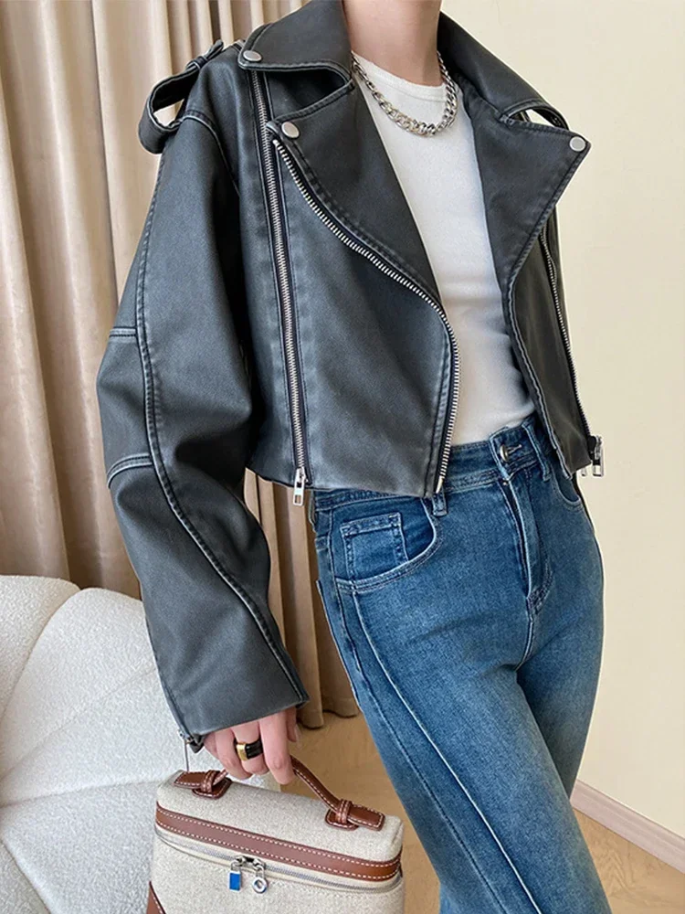 Fitaylor New Spring Autumn Vintage Motorcycle PU Coat Women Streetwear Loose Turn-down Collar Zipper Faux Leather Short Jacket