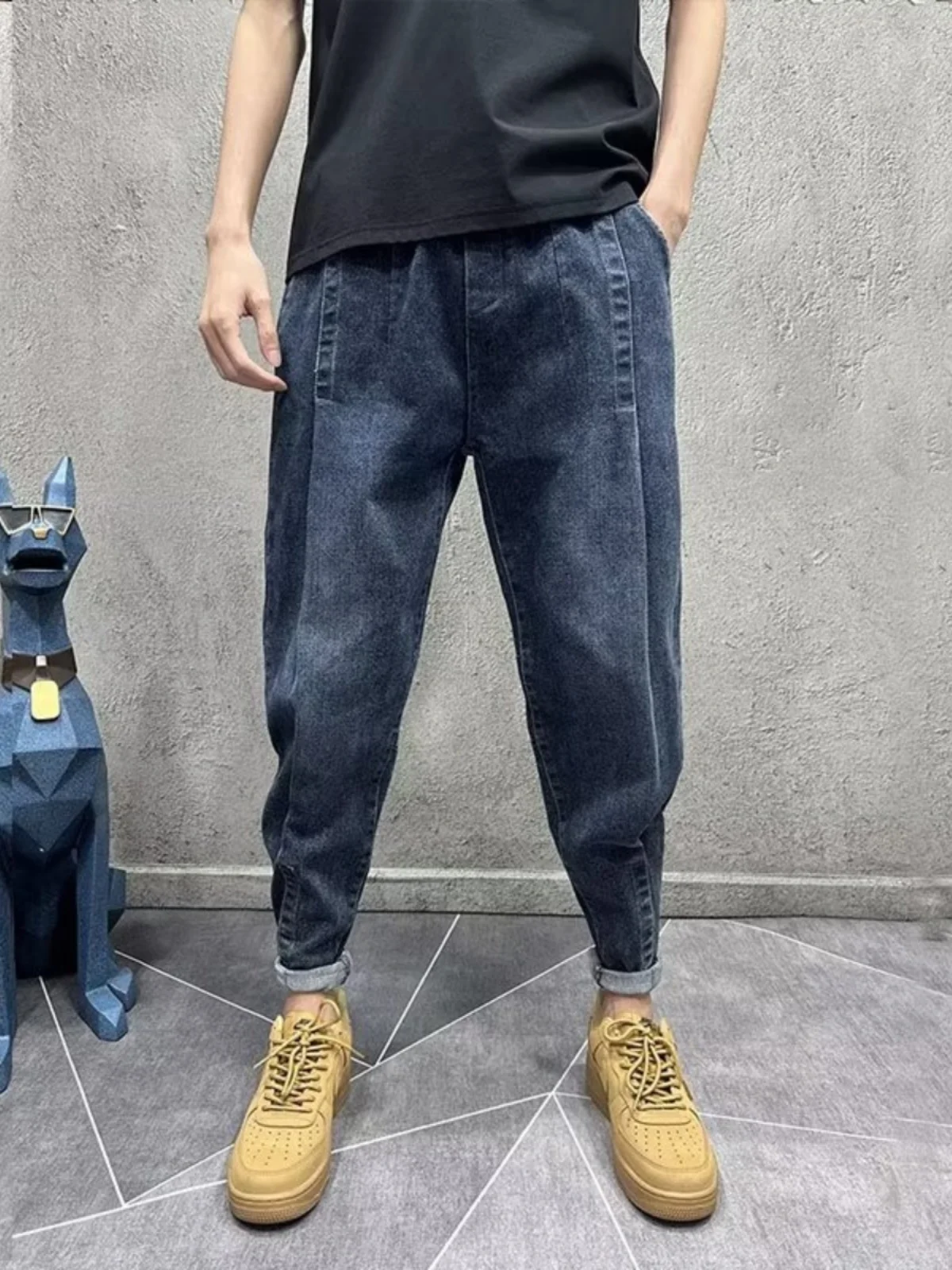 

Свободные мужские джинсы-шаровары с эластичной резинкой на талии, повседневные длинные брюки, модная осенне-зимняя синяя джинсовая молодежная одежда