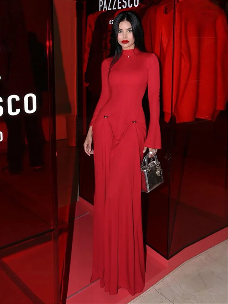 

Insglas Dress Women Half High Collar Rings Patchwork Full Sleeve Loose Hem Prom Banquet Party Classic Bright Red Long Bodycon