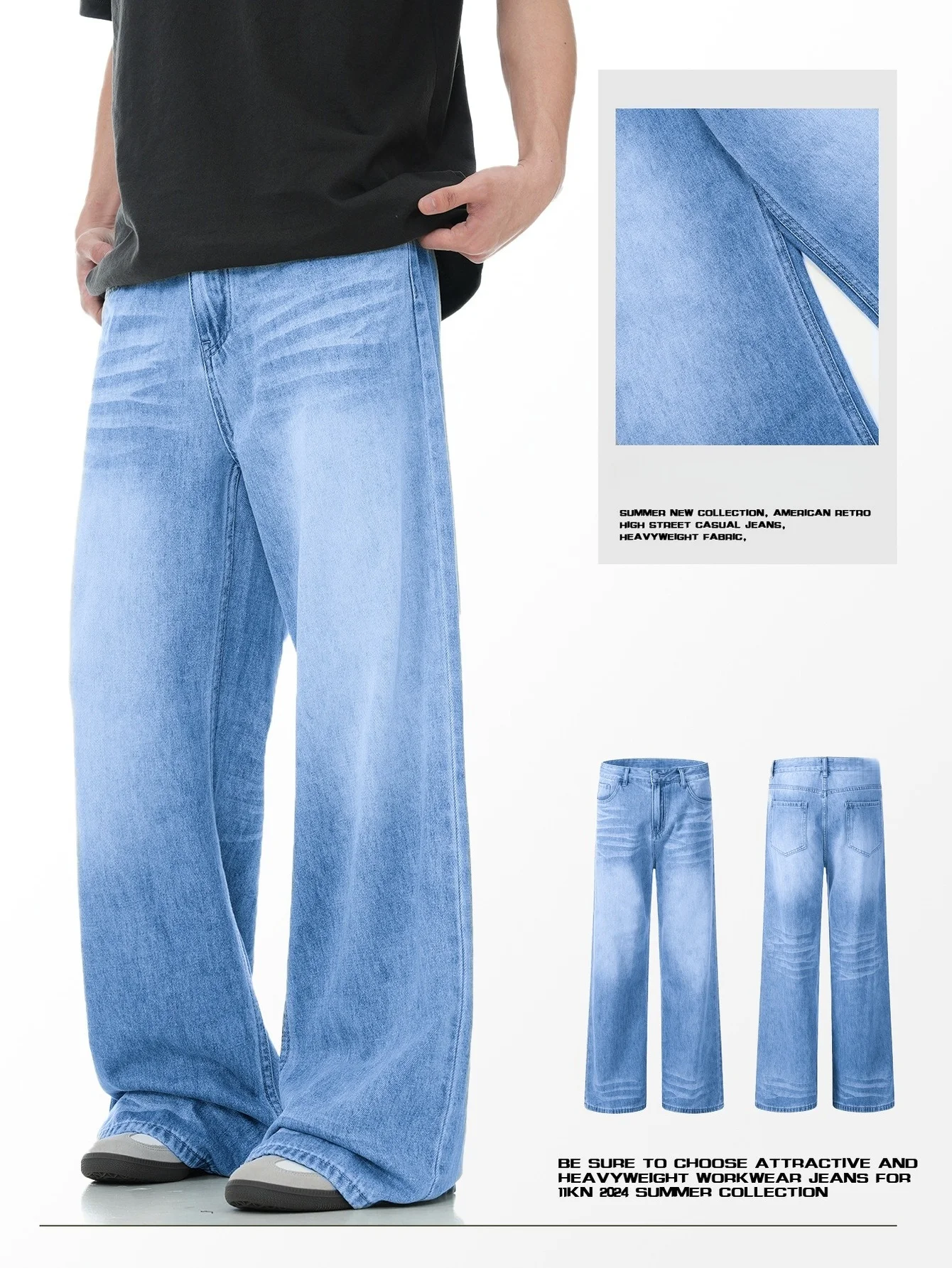 Original Loose Blue Denim Jeans For Man Y2K Drip Unisex Casual Pants No accessories or belts included