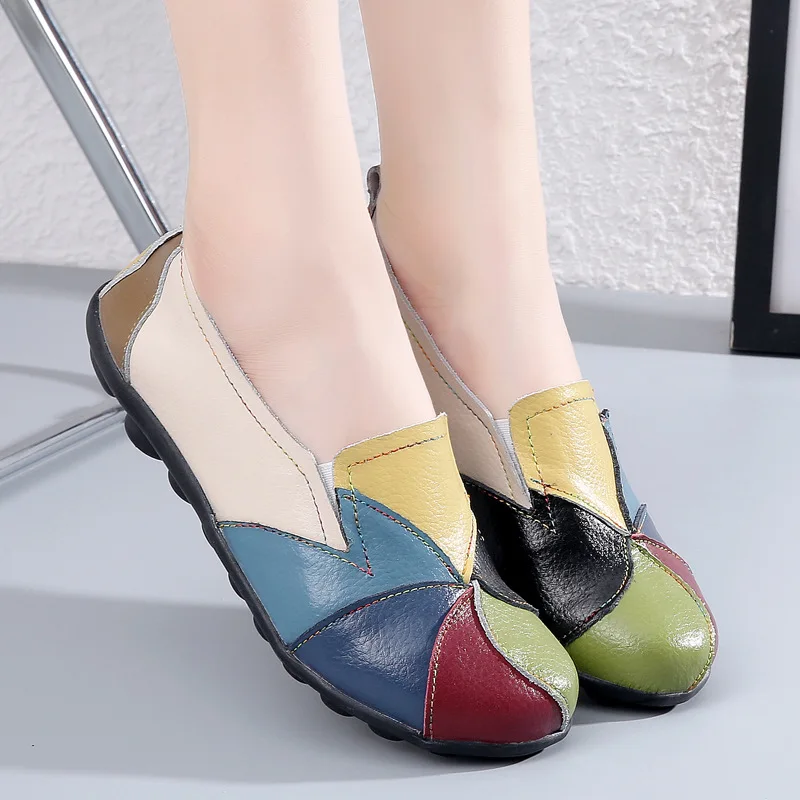 Retro Thick Heel Soft Sole Leather Shoes Autumn New Ethnic Style Large Size Women Shoes Second Layer Cowhide Color Matching