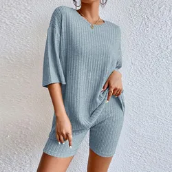 2024 Women's Summer Vacation Fashion Casual Suit Solid O Neck Short Sleeved Tops Loose Short Pants Suits Two Piece Sets Homewear