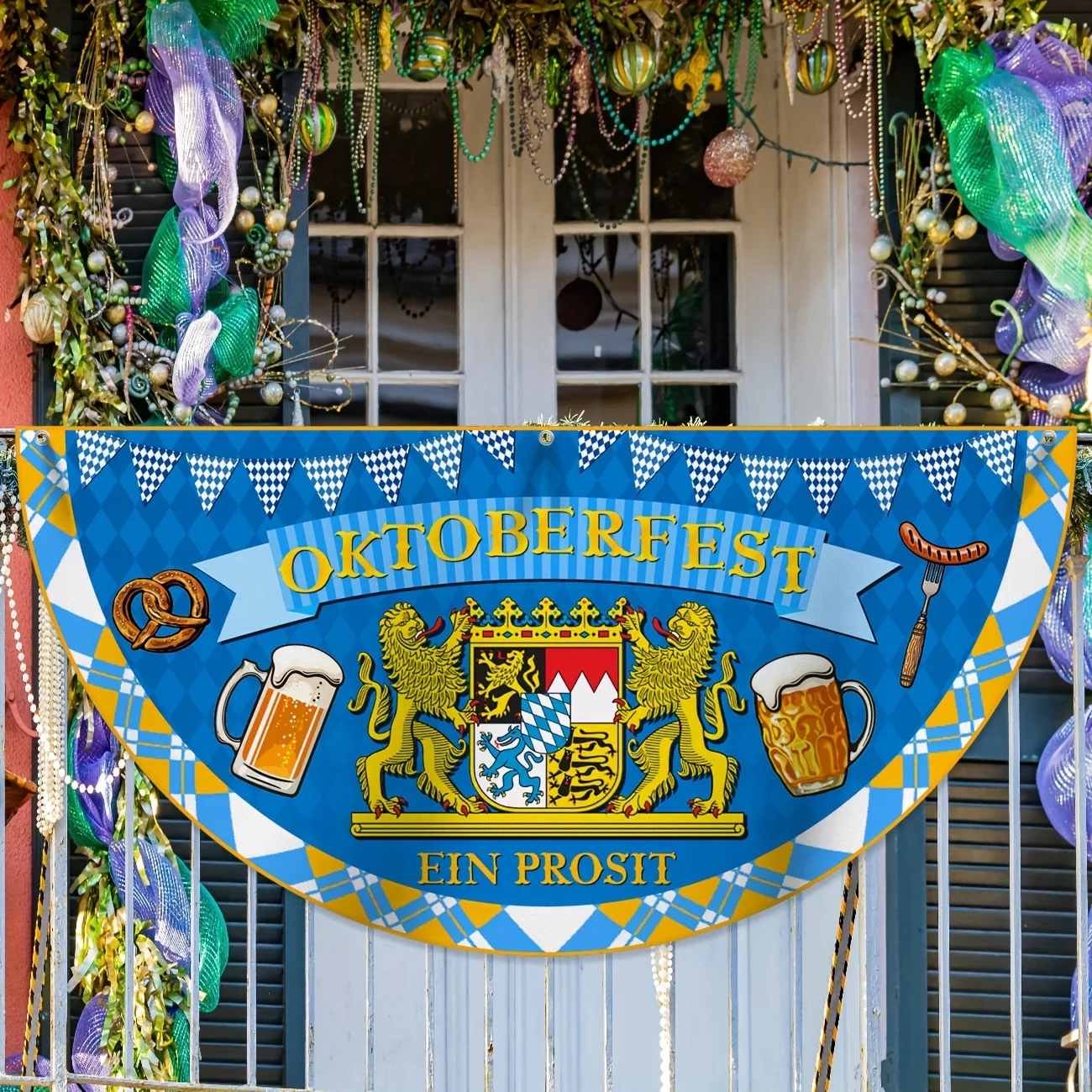 Oktoberfest Decoration Oktoberfest Bunting Beer Festival Pleated Fan Flag Bavarian Check Half Fan Flag Hanging Banners for