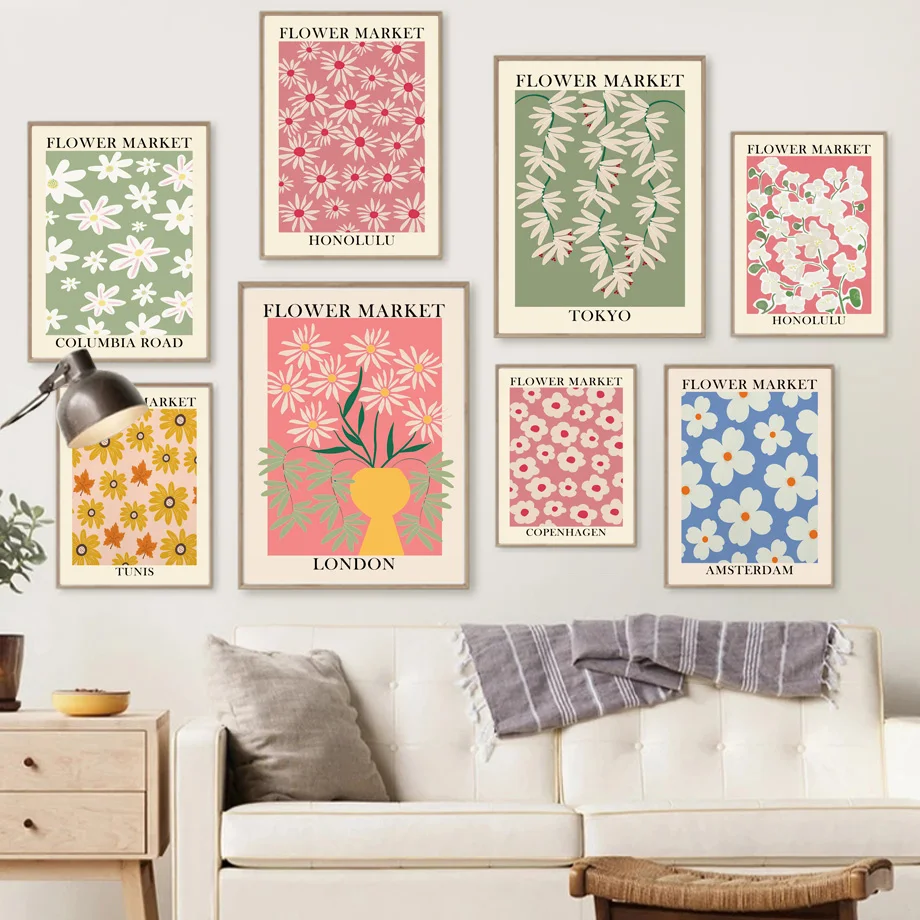 (No frame)Flower Market Wall Art Canvas Prints Boho Maximalist dopamine Floral Botanical Posters Colorful Bedroom Living Room