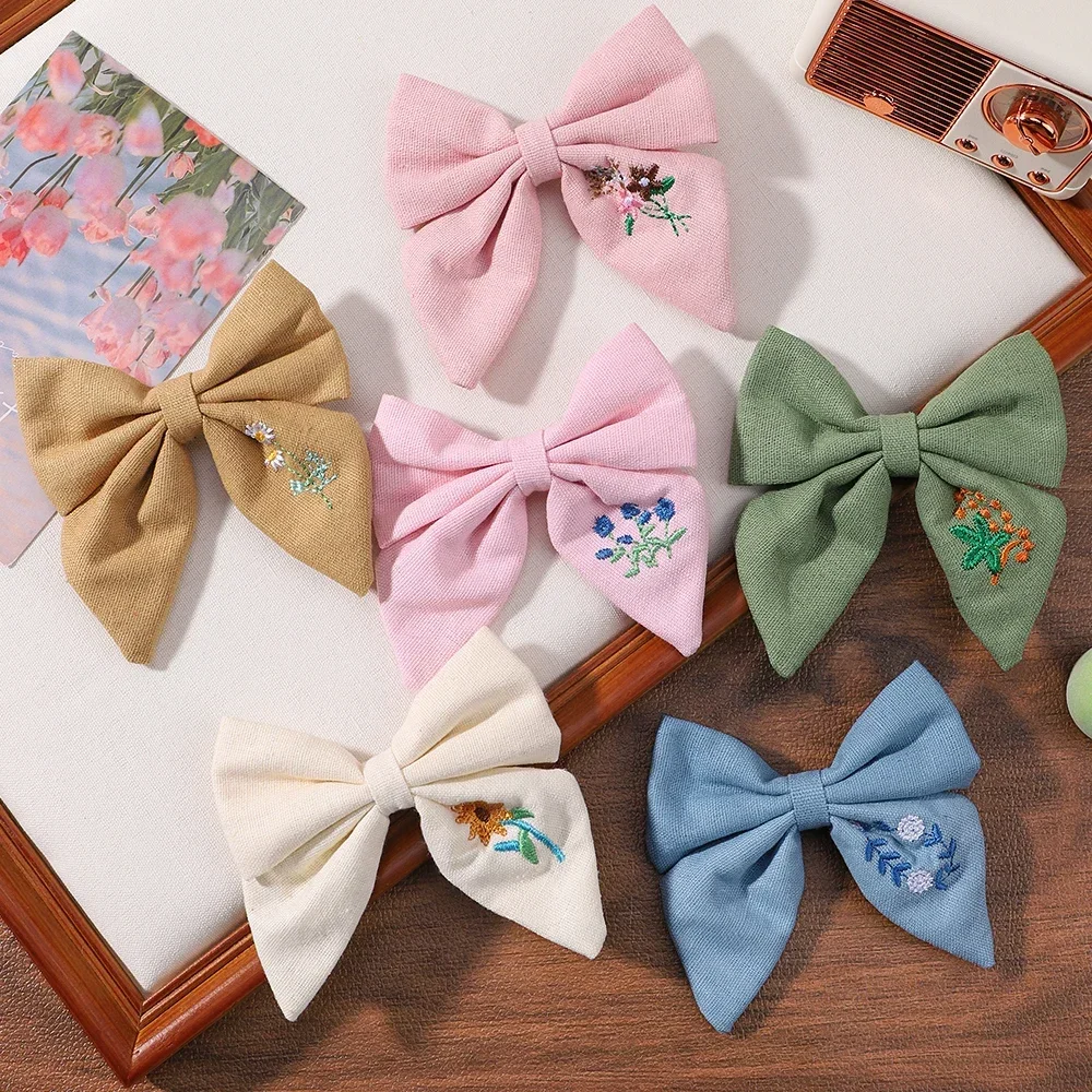 2Pcs/Set Embroidery Bows Hair Clips Solid Hairpins for Girls Handmade Ribbon Barrettes Kids Butterfly Hair Pin Korean Headwear