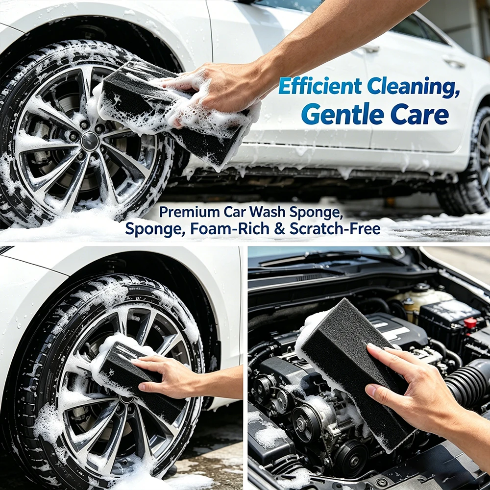 Dual-Use Car Wash Sponge Set Fine&Coarse Pore Wear-Resistant Reusable Black Foam Sponge Auto Detailing & Deep Cleaning
