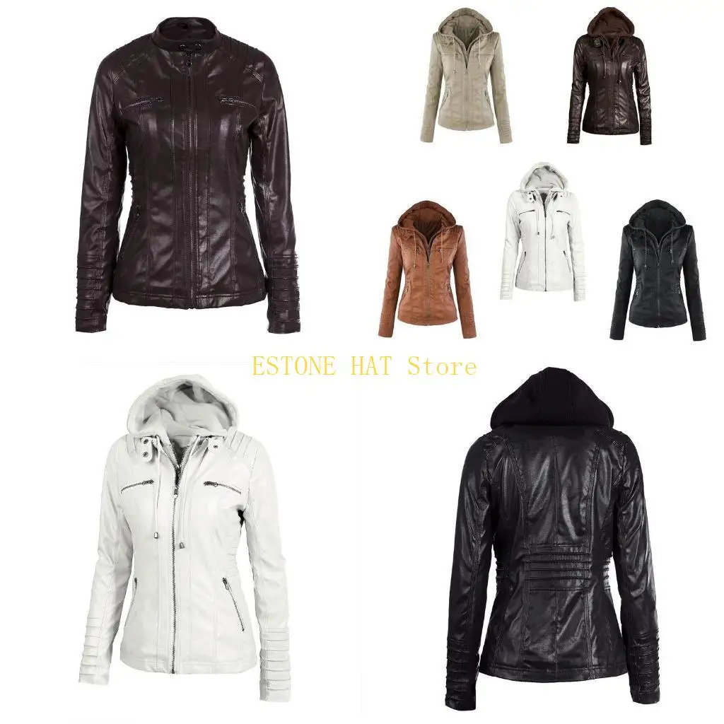 49MF Women Faux Leather Short for Jacket with Detachable Drawstring Hood Stand Collar Casual Motorcycle Zip Up Outw
