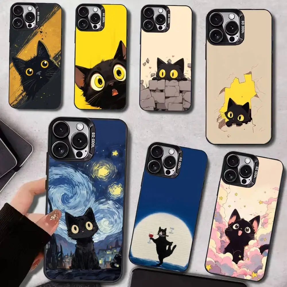 

Black Cat Art Phone Case For iPhone 17,16,15,14,13,12,11 Plus,Pro Max,Colored Silver Phone Case