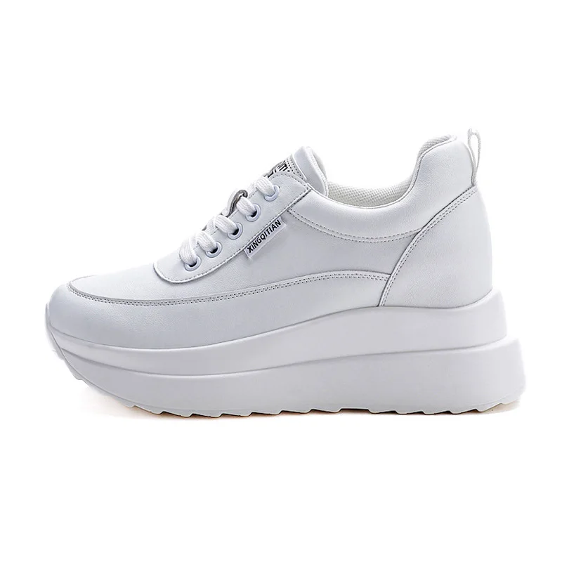 

Genuine Leather Shoes Women Spring Summer Platform Sneakers Casual White Shoes Ladies Height Increasing 8cm DX951