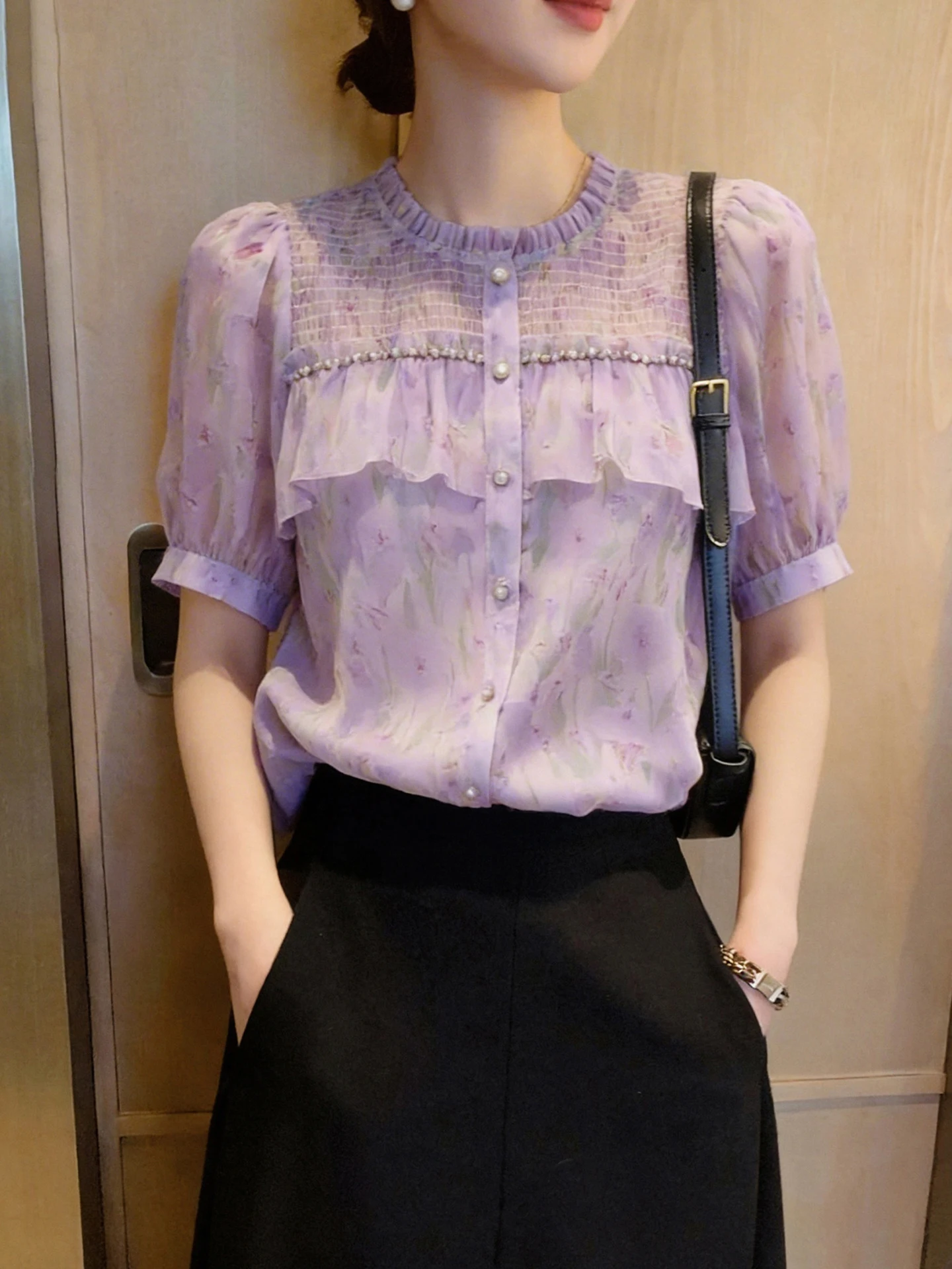 

Summer 2026 Gentle Fashion Short Sleeve Shirt Versatile Korean Style Print Design Loose Fit round Neck Button up Women's Shirt