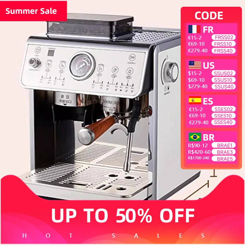 Машина для измельчения и эспрессо. Домашняя автоматическая машина для измельчения кофейных зерен. Паровой вспениватель молока. Двойные насосы и двойные котлы.