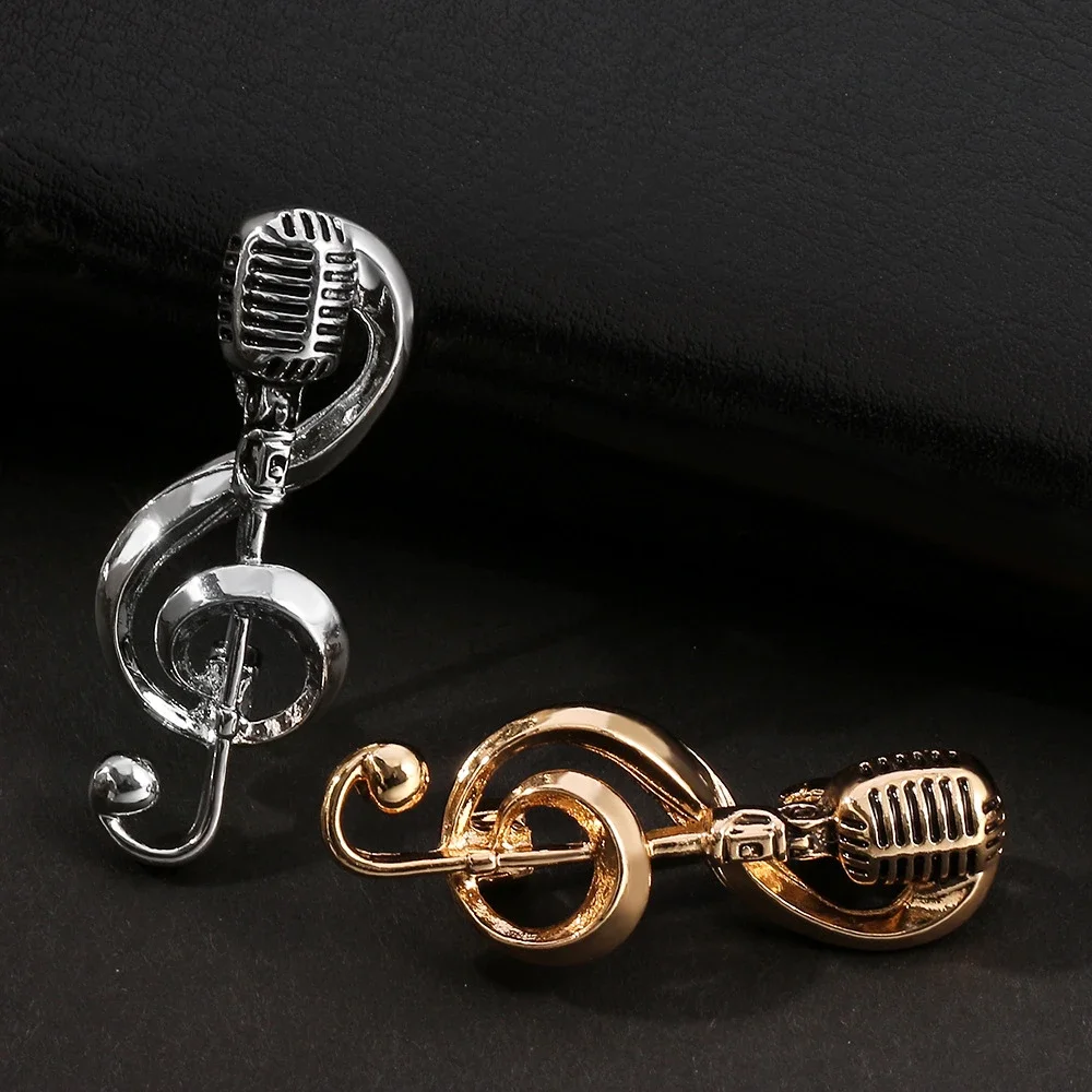 Creative Metal Microphone Brooches Gold Silver Color Music Mic Pins for Women Men Student Musician Backpack Badge Birthday Gift