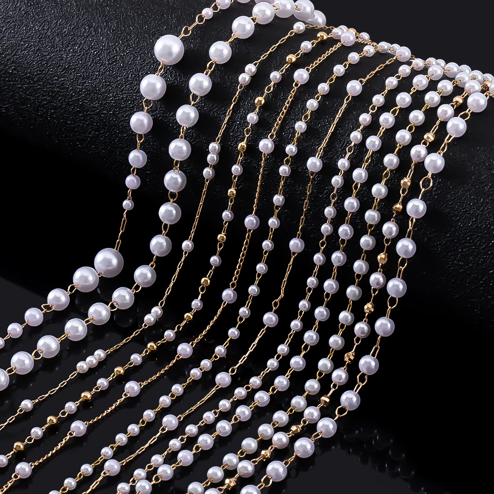 1M Stylish Multi-Style Copper Metal Chain Imitation Pearls Beads Gold Color Chain For DIY Necklace Bracelet Handbag chain Making view 6