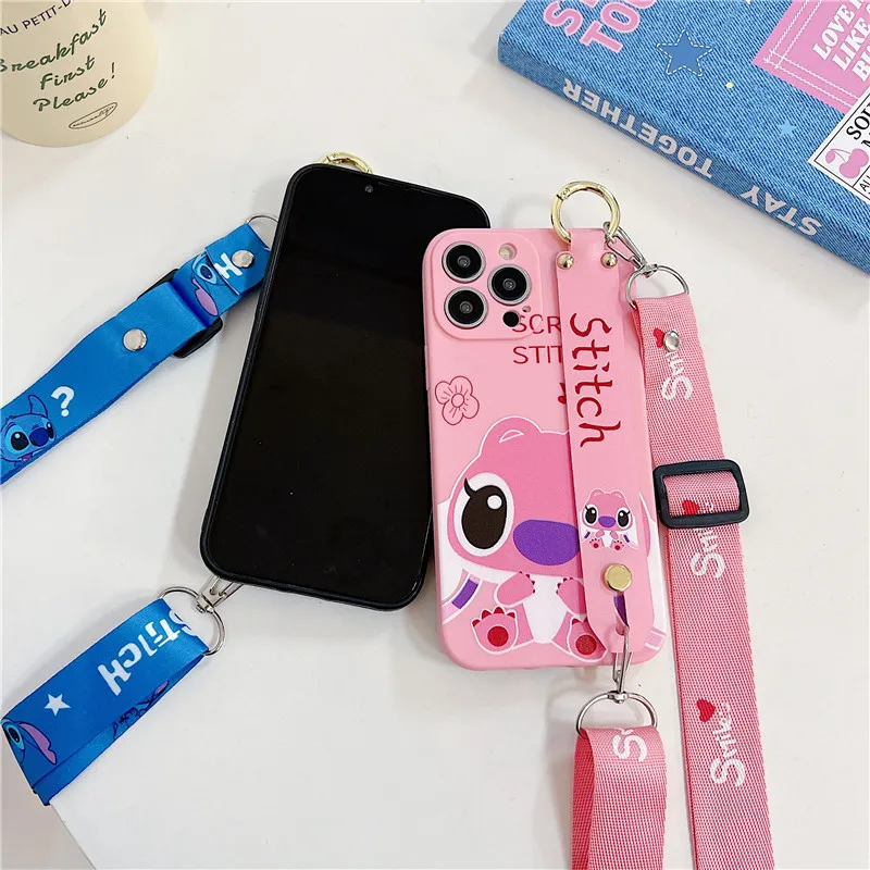 Schattige Cartoon Stitch Crossbody Hals Riem Lanyard Telefoonhoesje Voor Iphone 15 14 12 13 11 Pro Max X Disney Polsband Beugel Cover