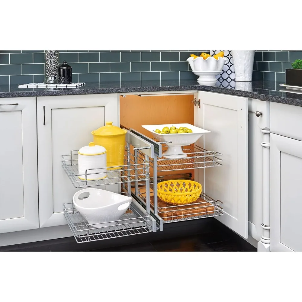 Dual Tier Pullout Shelf Storage Organizer for Blind Corner Kitchen or Bathroom Cabinets,15