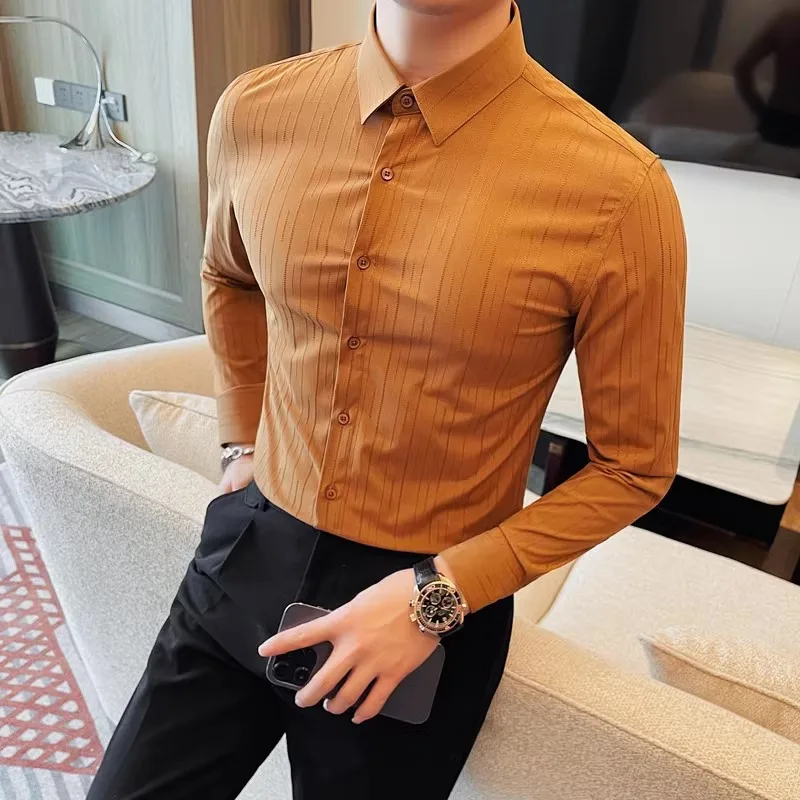 

Classical Striped Long Sleeve Shirt Men's Slim Fit Casual Business Formal Dress Shirts Social Party Tuxedo Blouse Men Clothing