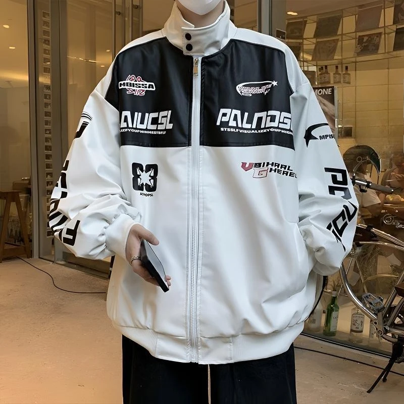 

Мужская свободная куртка из искусственной кожи с цветным принтом, осень-осень, байкерский стиль, воротник-стойка, уличная одежда, модная премиум-класса