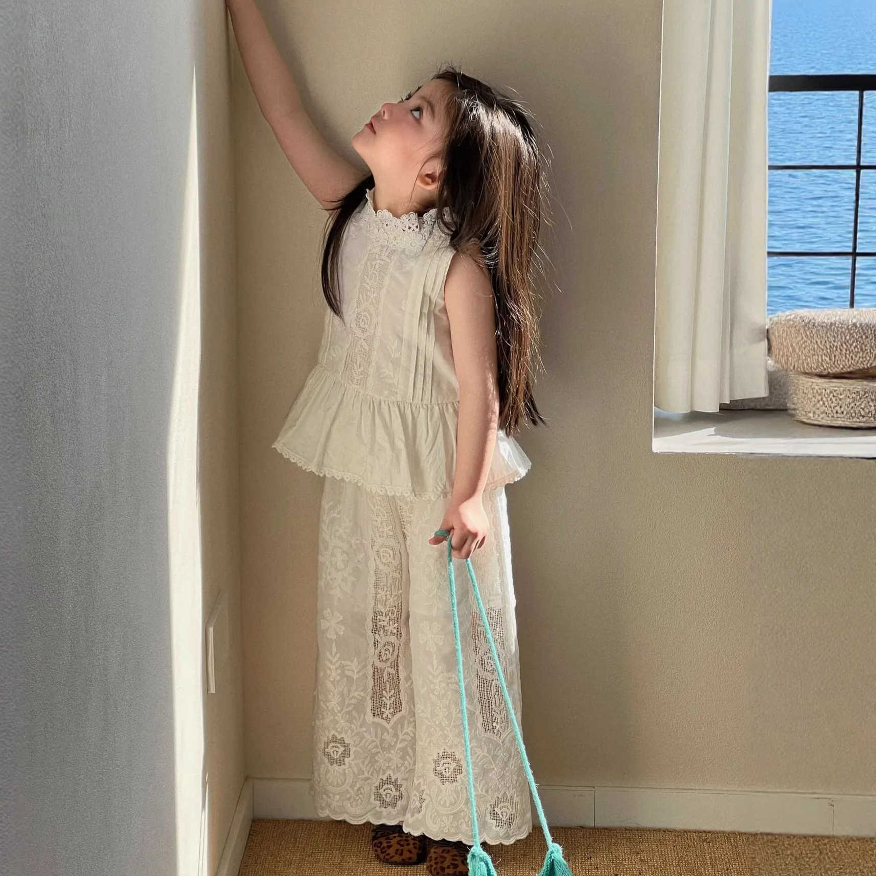 

Girls Set 2026 Spring Summer New Korean Edition Lace Stand Up Collar Top Wide Leg Pants Two Piece Set Casual Fashion Daily Wear