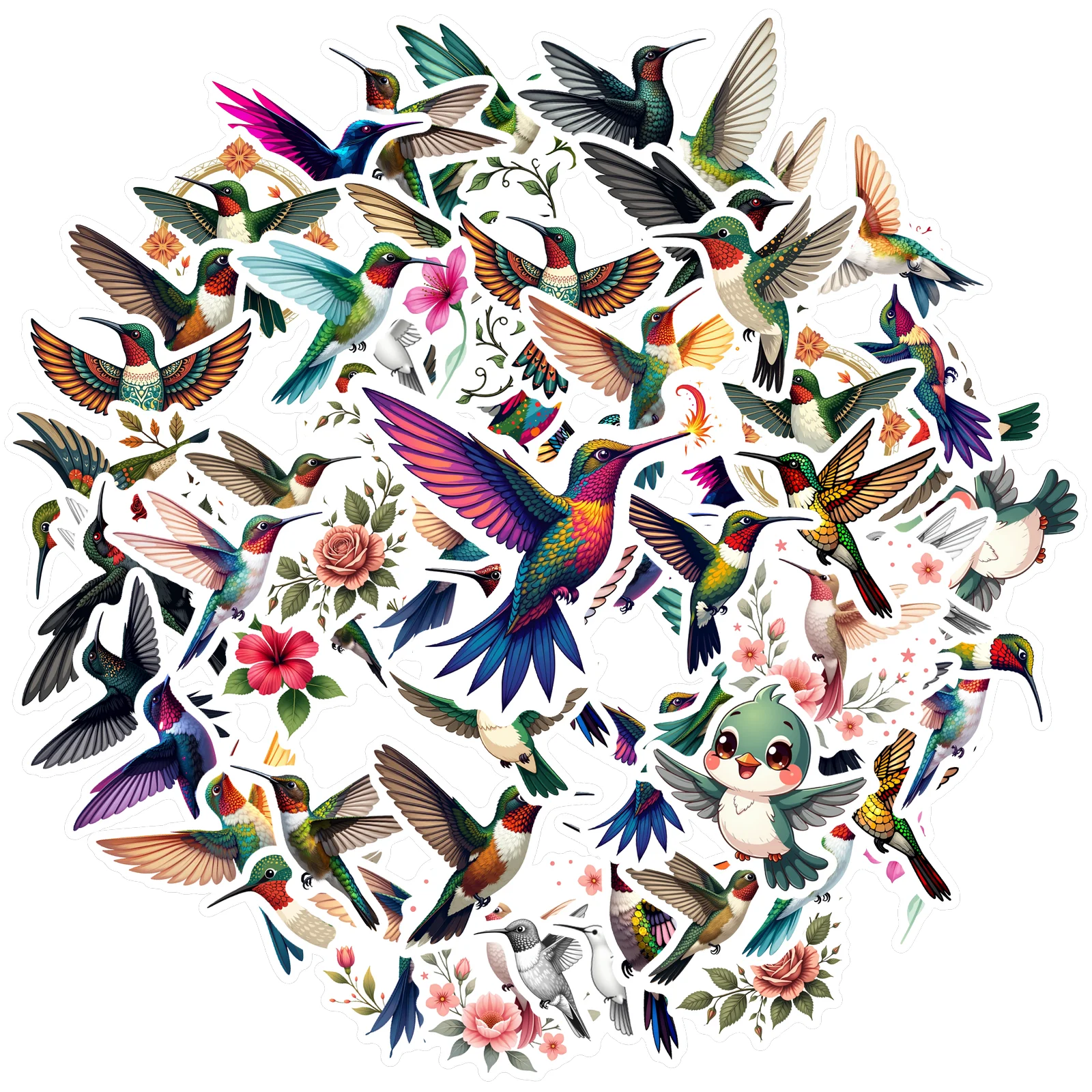 35-50pcs Colorful Hummingbird Stickers Floral Birds Graffiti Sticker Funny Decals Diy Waterproof Motorcycle Laptop Luggage