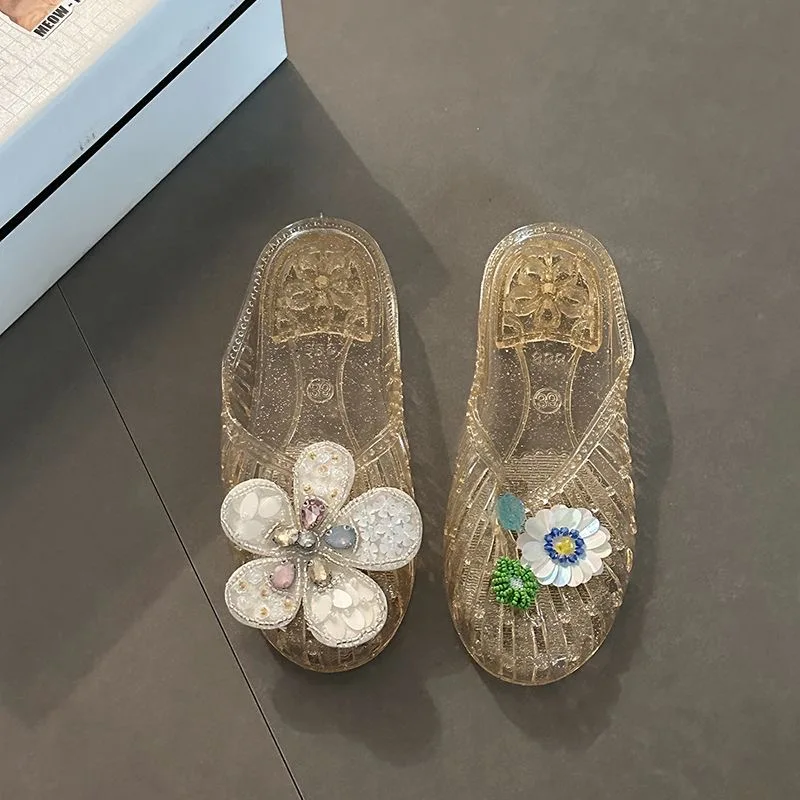 Korean Crystal Flower Jelly Shoes Women's Dopamine DIY Shoe Accessories Ballet Shoes Woman 2026 Summer Soft Soles Pvc Sandals view 6