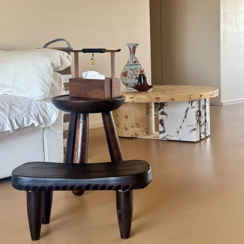 Vintage Black Wood Footrest Stool Japanese-Inspired Side Table Multi-Use Accent Stool for Living Room Bedroom Bay Window Tables