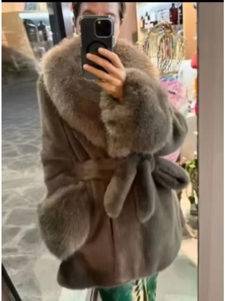 Luxury Vintage Faux Fur Coat Women Fur Collar Long Sleeve with Belt Oversized Fur Jacket Warm Thick Winter Jacket Lady's Tops