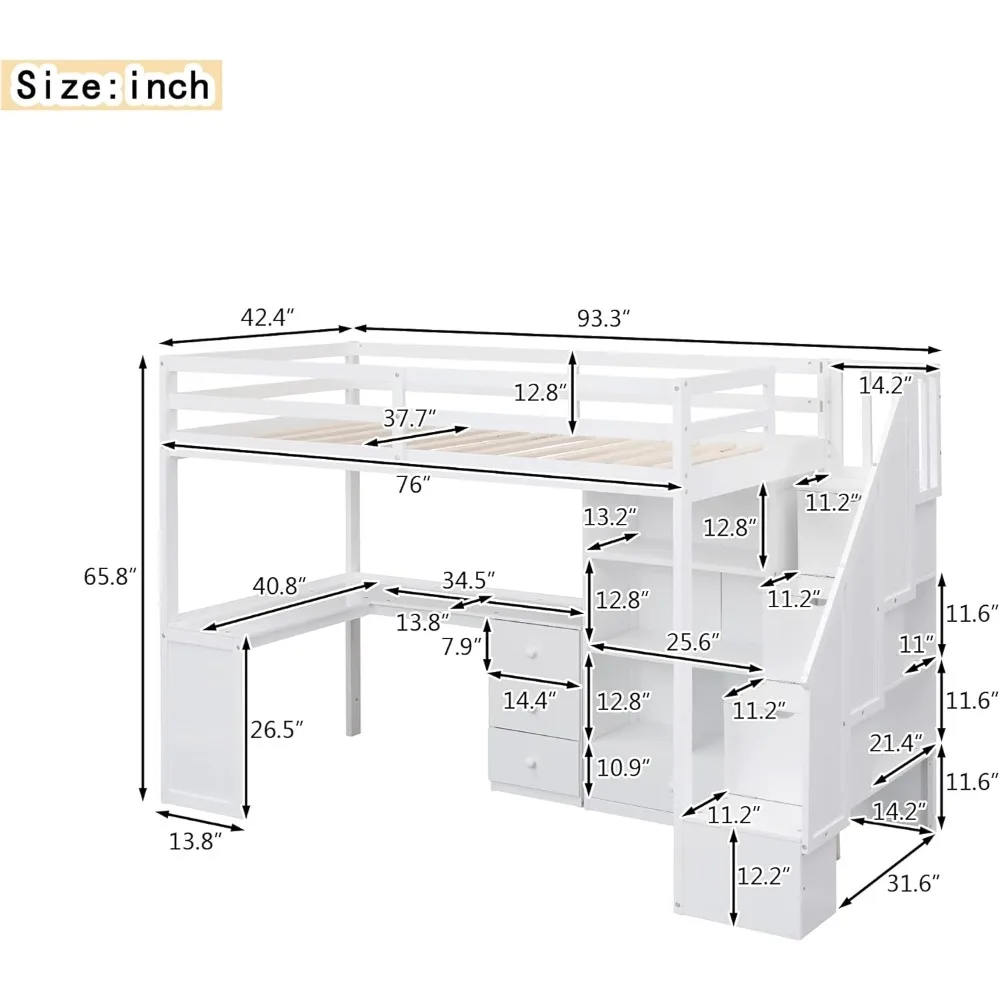 SOFTSEA Twin Loft Bed with L-Shaped Desk & Stairs, Wood Loft Bed with Desk and Storage Staircase, Twin Loft Bed with Bookcase