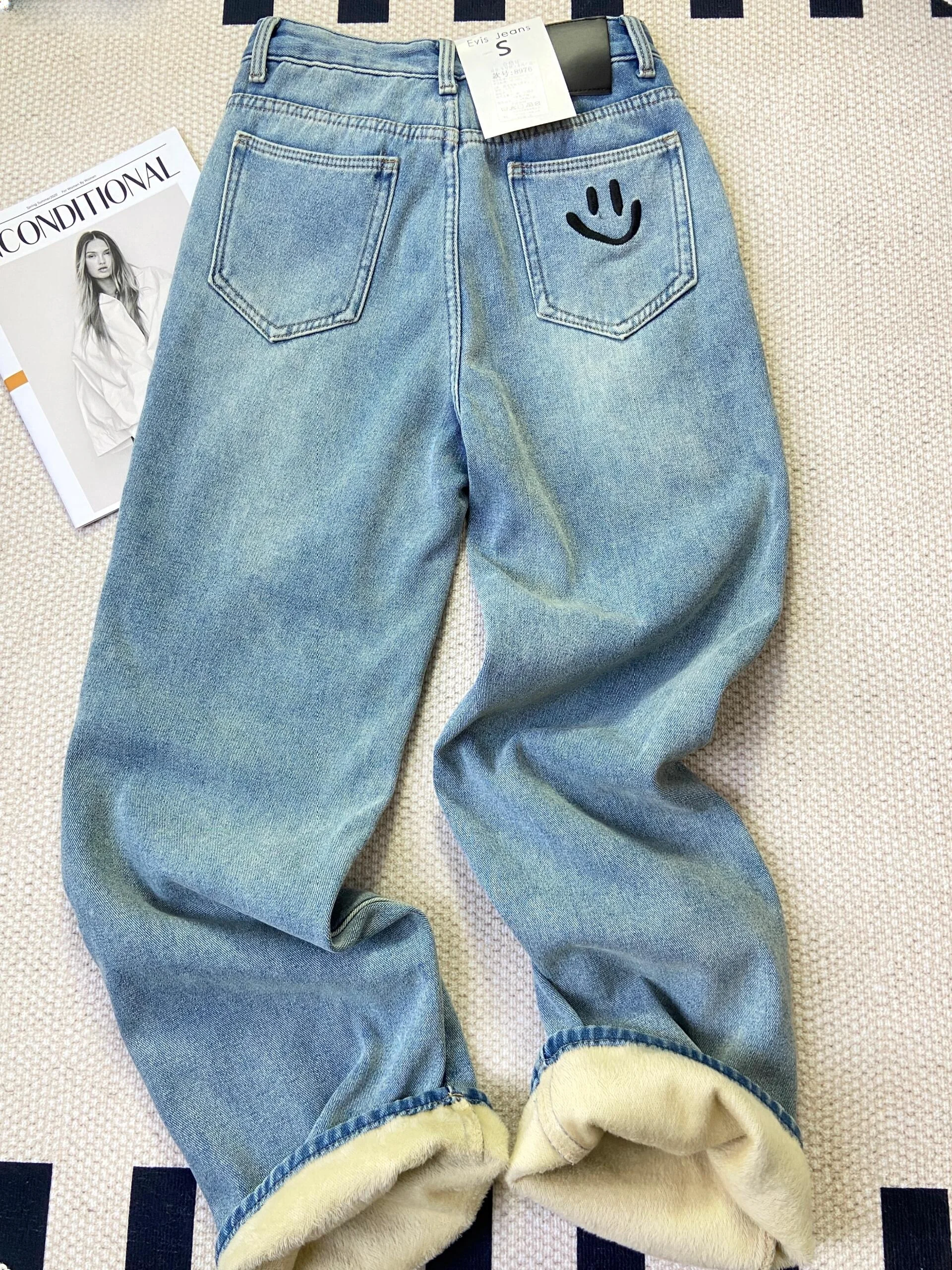 

Женские зимние джинсы с высокой талией, на флисовой подкладке, широкие прямые брюки, новый стиль, свободные, утепленные, из плотного денима, повседневные