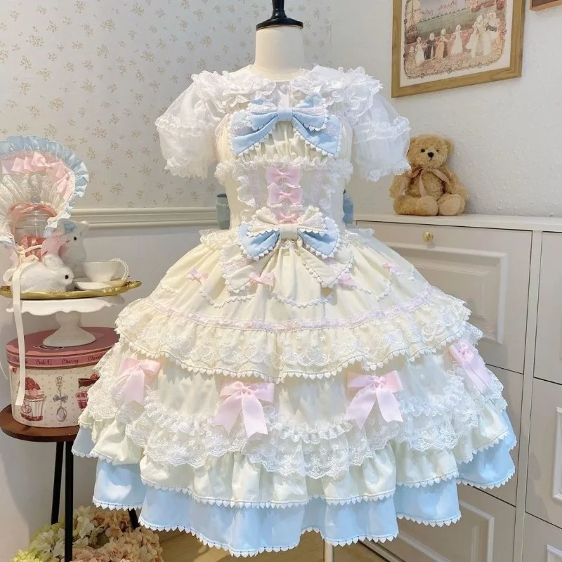 Y2K Sweet Lolita Jks Trägerkleid für Damen, einfarbig, Rüschen, Spitze, Schleife, Patchwork, Kawaii, Prinzessin, Ballkleid, knielang, elegant, für Partys – Detail 5