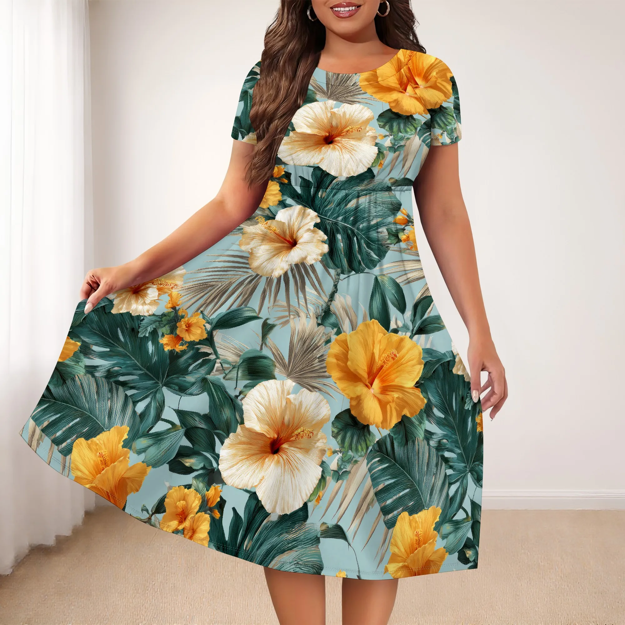 ชุดเดรสฤดูร้อนสําหรับผู้หญิง ดอกไม้ฮาวายฤดูร้อนเขตร้อนใบปาล์ม Sundress แขนสั้นลําลองพร้อมกระเป๋า