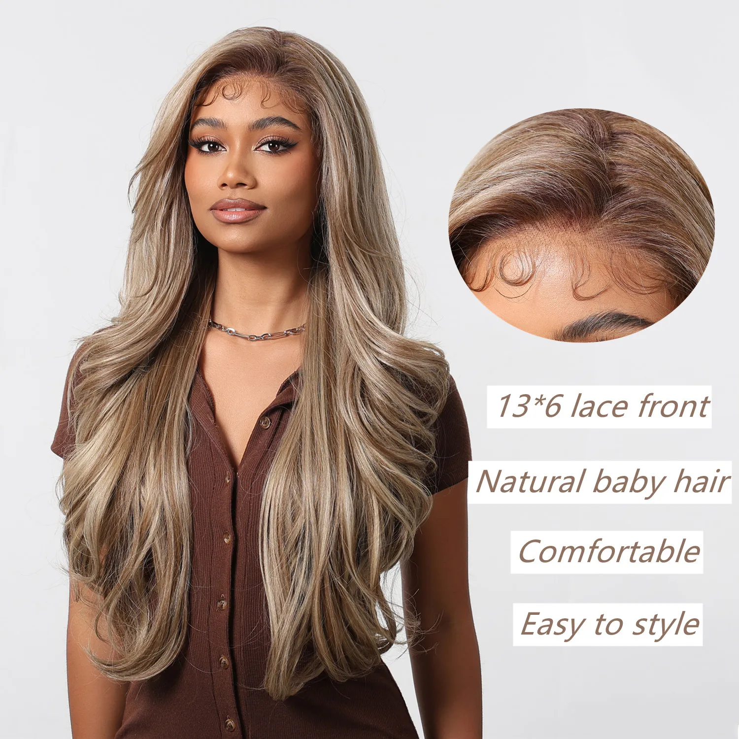 HENRY MARGU Brown Synthetic Lace Wig 13*6 Lace Front Wigs with Baby Hair Natural Looking for Black Women Heat Resistant Fiber