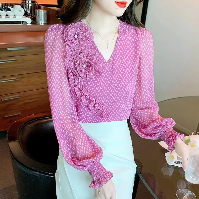 Spring Autumn Women Fashion Print 3D Flower Design Sweet Blouses Female V Neck Long Sleeve Chiffon Shirts Chic Elegant Slim Tops