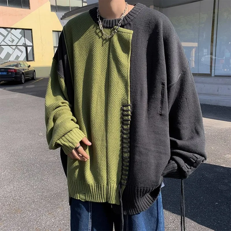 

Knit Hip Hop Bright Line Decoration Patchwork Hole Autumn Winter Long Sleeve Men Top Fashion Oversized Trend Unisex New Clothes