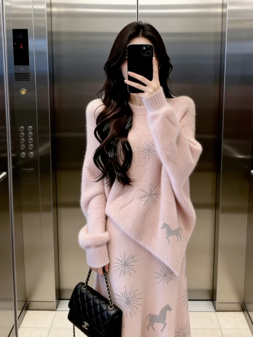 

Pink Korean Sle Faion Set Young Lady Maturi Light Beautiful Ele Whole Set Anti-Aging OOTD Set Winter Wear