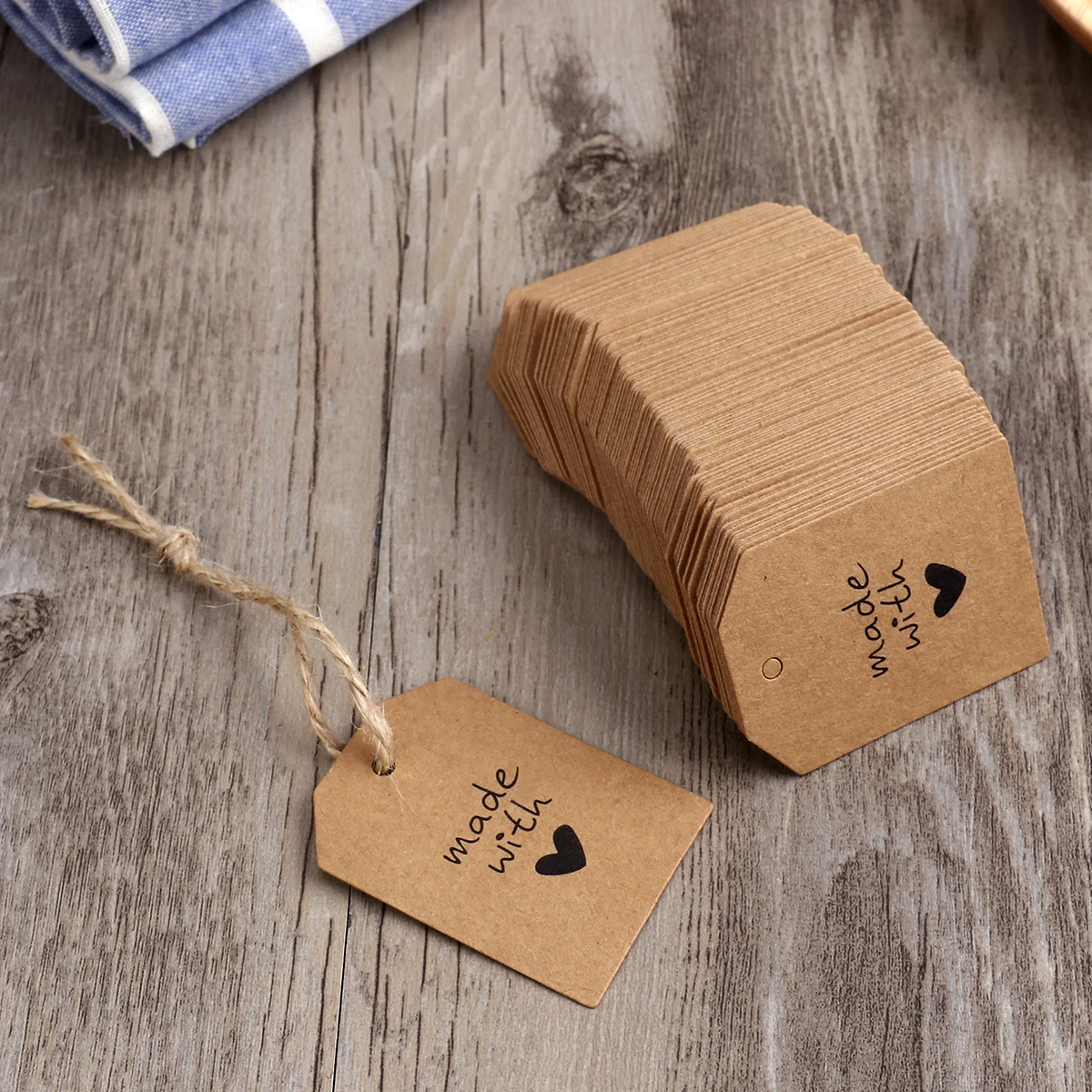 

100Pcs Kraft Paper Gift Tags With String Wedding Favor Labels Heart Letter Printed For Special Occasions