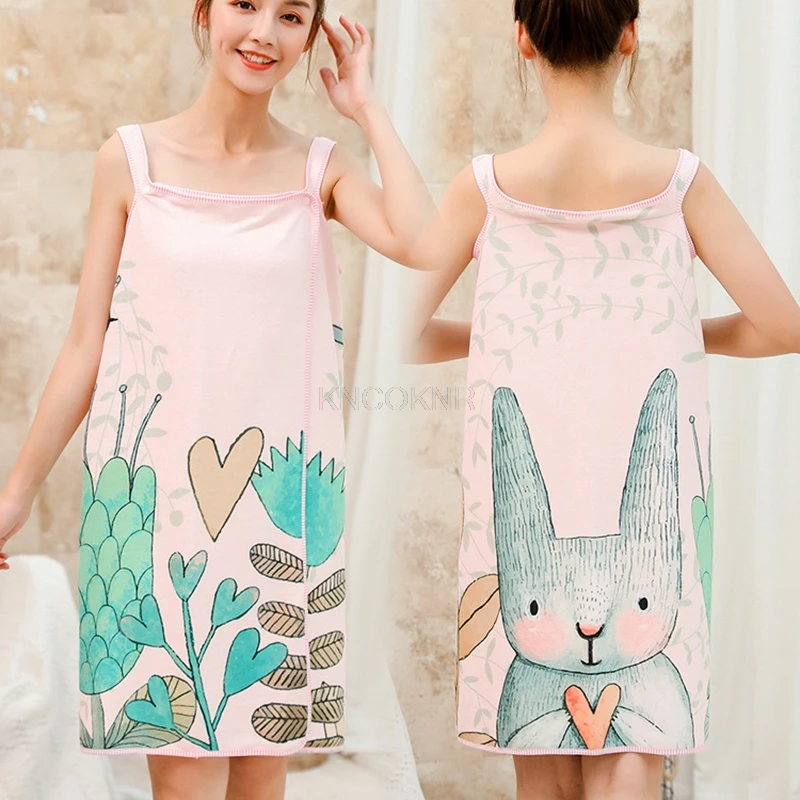 1pcs Fast Drying Bath Skirt Microfiber Nightwear Cartoon Pattern Beach Towel Women Robes Sling Towel Dress