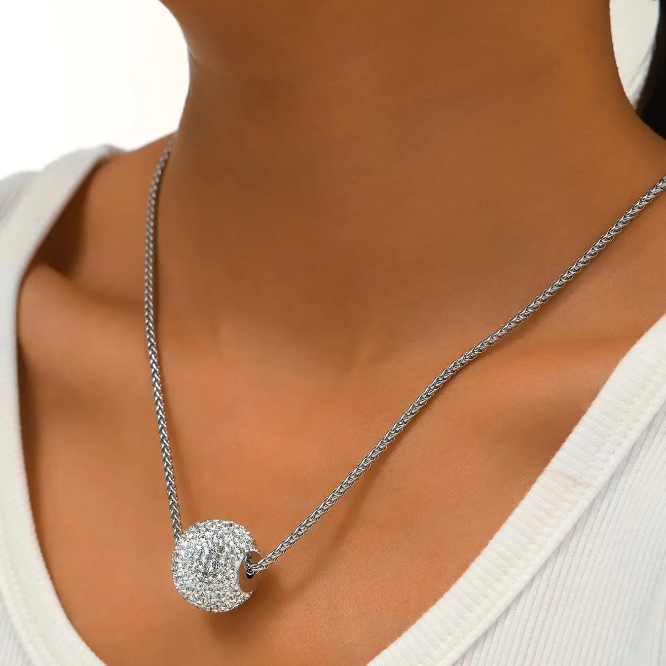 New Full Zircon Ball Pendant Necklace For Women Stainless Steel Basket Chain Choker Women Simple Neck Jewelry