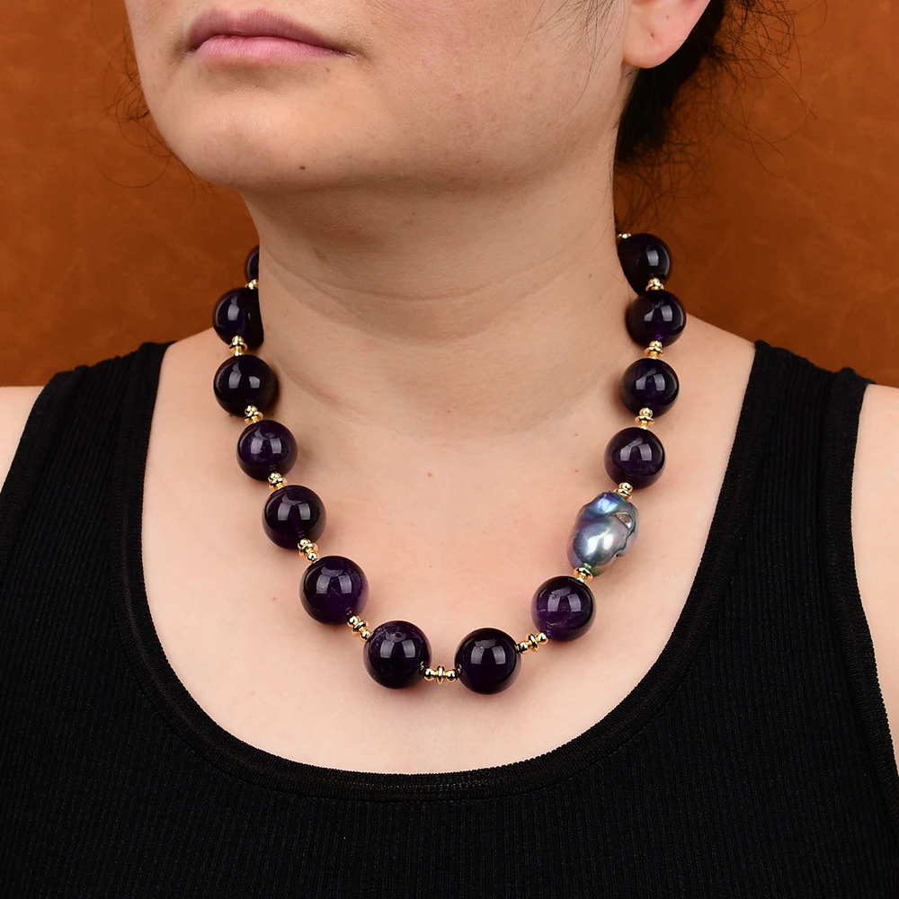 G-G Natural Black Baroque Keshi Pearl Big Purple Amethyst Quartz Smooth Round Beads Chokers Necklace Pendant