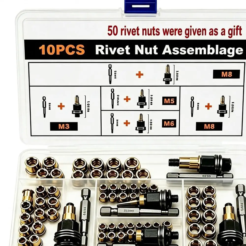 60Pcs Metal Rivet Nut Adapter Set Threaded Interchangeable Mandrels Rivet Nut Mandrel Kit Assorted Components