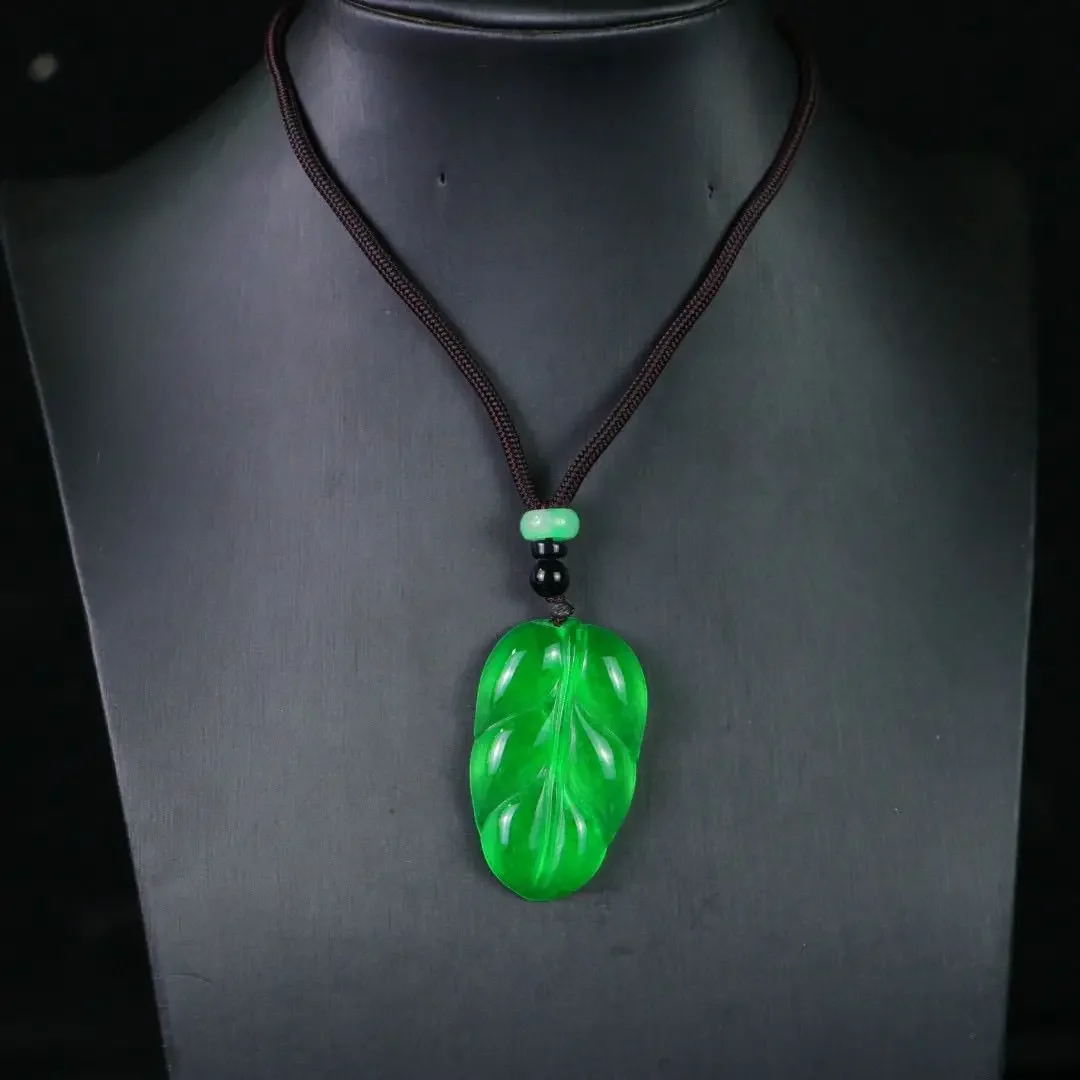 

Natural high ice chalcedony jadeite necklace pendant tree leaf golden branch jade leaf jade pendant