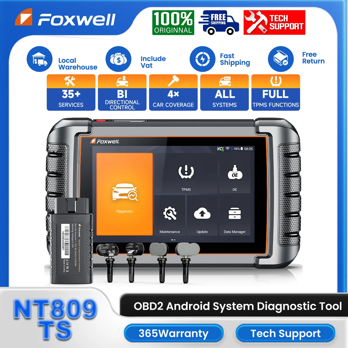 FOXWELL NT809TS TPMS Programming OBD2 Scanner All Systems Bluetooth Car Bi-Directional Control 30+ Reset Service Diagnosis Tool